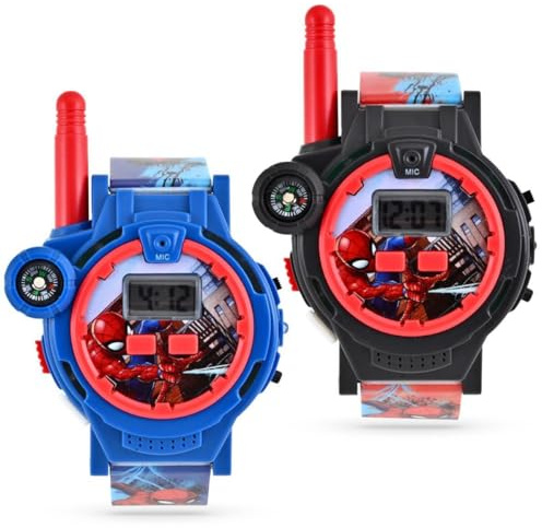 Accutime SPD40156 Walkie Talkie Armbanduhr Spider-Man, 2er Set, Funkgerät bis 200 m Reichweite, integrierte LCD Uhr, Taschenlampe und Spielkompass, USB-Ladekabel, für Kinder ab 6 Jahren, rot/blau