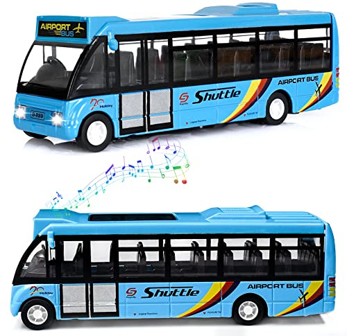 Crelloci City Bus Toys Cars, Die-Cast Metal Airport Cars for Boy 3-8 Years Old, Pull Back Blue Play Vehicle with Sound and Light Up for Kids Girls Gift