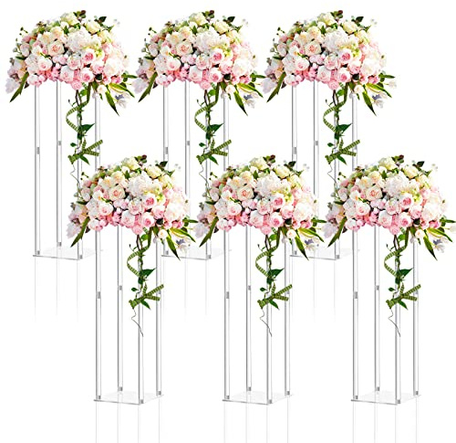 Geetery 6 Pieces Tall Acrylic Vase Wedding Centerpieces Clear Flower Stand Column Geometric Floral Vase Elegant Display Holder for Birthday Party Wedding Table Decorations (28 Inch)