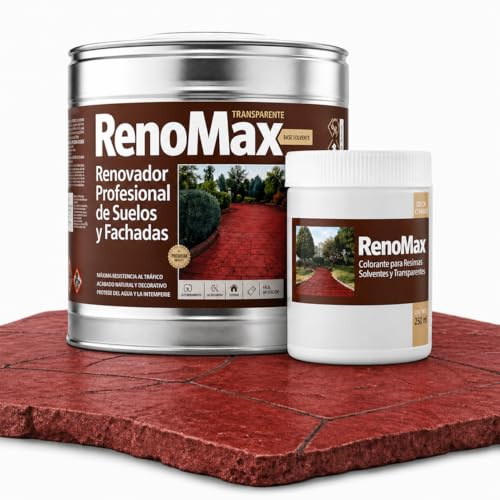 Renomax - Resina Hormigon Impreso y Superficies Porosas AL DisoLvente + Tinte Hormigon Impreso Rojo IngLés, 2L Cubre hasta 20m² | Repara y Protege SueLos,Fachadas | FáciL de ApLicar, Garantía 5 Años