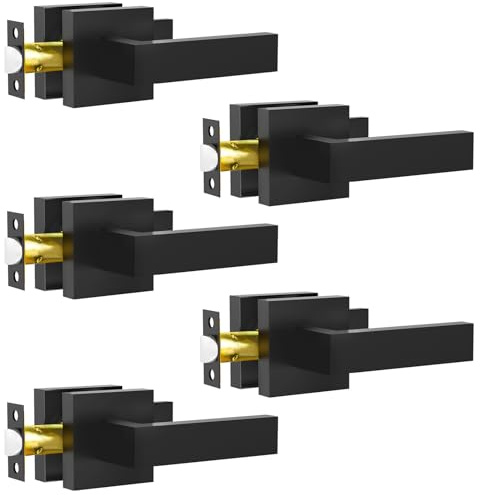 RAZCC Passage Door Lever, 5 Pack Matte Black Interior Door Handles for Hallway and Closet, Heavy Duty Square Interior Keyless Door Handles Non-Locking Door Knobs for Right & Left Side Door