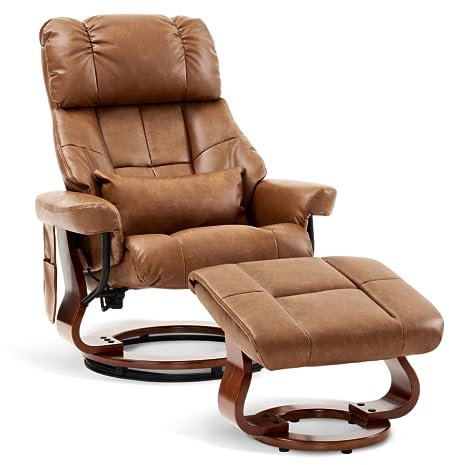 M MCombo Relaxsessel mit Hocker, Drehbare Fernsehsessel mit Liegefunktion, Moderner TV-Sessel Stuhl für Wohnzimmer, mit Kissen & Seitentasche, 9066SD (Braun, Kunstleder)