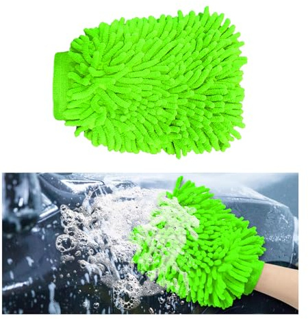 Ziciner Premium Microfiber Wash Mitt, Soft Scratch-Free Double-Sided Chenille Washing Gloves Perfect for Car Washing and Detailing (Fluorescent Green, Large)