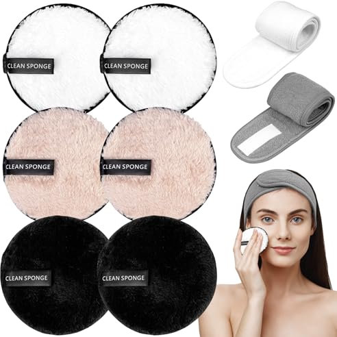 8 Pack Makeup Remover Pads with Spa Headbands, Reusable Make Up Remover Pads Large Double-Sided Face Pads Washable Facial Cleansing Cotton Pads for Face & Eyes Cleansing, Suits All Skin Types