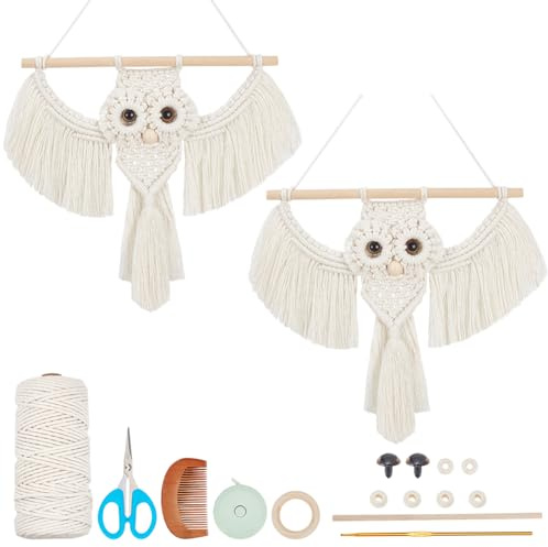BEUNITONE Makramee-Kits für Erwachsene - 2 Set Anfänger DIY Makramee Kit mit Anleitung, Baumwollseil Eule Dekoration für Wand und Flur