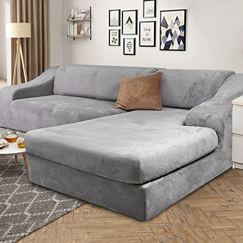 Sofabezug, L-förmiger Eckcouchbezug, Samt-Plüsch, L-förmig, einfarbig, verstellbar, für Chaiselongue, Stretch, universell, mit Kissenbezug – grau – 4-Sitzer + 4-Sitzer