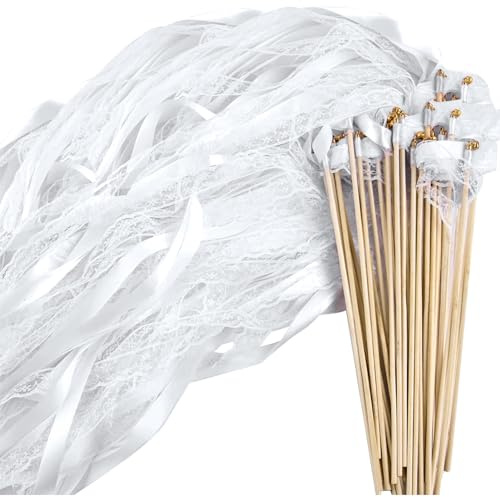 50 Stück Wedding Wands mit Glocke, Zauberstäbe Hochzeit Luftschlangen, Luftschlangen mit Holzstäbchen werden für Hochzeiten Geburtstage Partys Feiertagsfeiern verwendet (weiß 50 Stück)
