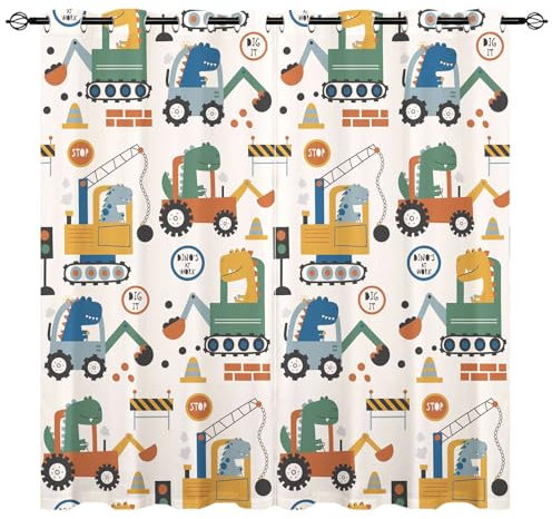 YUANZU Truck Vorhänge Kinder Dinosaurier Gabelstapler Kran Ösen Gardinen mit Blickdichte Vorhang Kälteschutz Blackout Curtain Kinderzimmer Schlafzimmer Verdunkelung Fenster, 2 Stück, H 160 x B 132 cm
