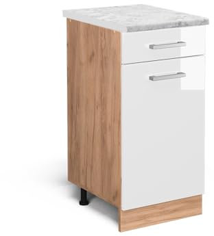 Vicco Küchenschrank R-Line, Schubladenschrank für die Küche, Weiß Hochglanz, 40 cm AP Marmor