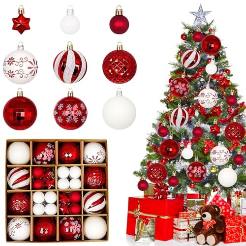 44 Stück Weihnachtskugeln Kunststoff, Christbaumkugeln Weihnachtsbaumkugeln Set, Personalisierte Weihnachtskugeln weiß & rot, Weihnachtsbaumschmuck Kugeln, Weihnachtsdeko Außen Innen
