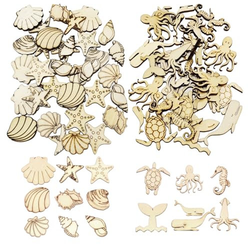 SLAXJNE 70 Pezzi di Trucioli di Legno Sea Life Mini Sea Life Decorazione Artigianato in Legno Accessori per Gioielli in Legno Fai da Te Decorazione della Tavola Trucioli di Legno