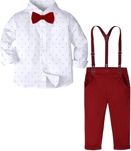 mintgreen Bambino Vestito Battesimo Neonato, Abito per Bambini Manica Lunga Set di Vestiti con Cravatta Fiocco, Bianco e Rosso, 3-4 Anni, 110