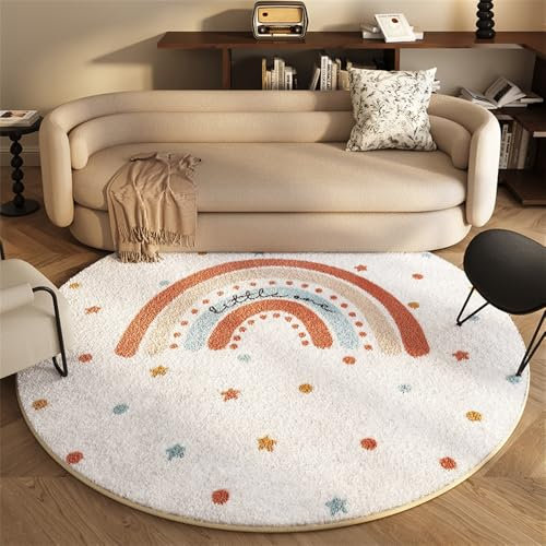 Alfombras Redonda Alfombra Habitación Lavable Antideslizante Muy Suave para Salón o Dormitorio, Esponjosa de Cama Infantil Lavable Bebe Niña Niño De Juego Arcoíris Estrella (Beige 1, 120x120cm)