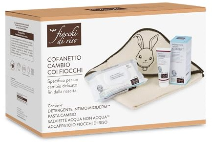 Fiocchi di Riso - COFANETTO CAMBIO COI FIOCCHI - Kit per un cambio pannolino coi fiocchi - Salviette Acqua NON Acqua, Pasta Cambio, Detergente Intimo Mioderm - IDEA REGALO