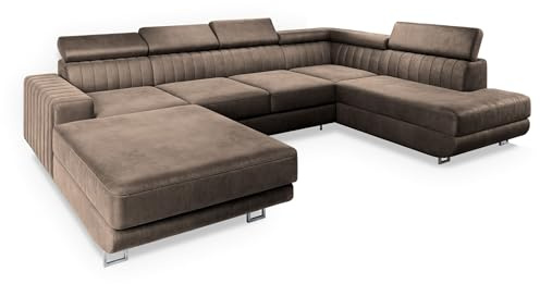 Masseno Ecksofa Siena R-S mit Schlaffunktion U-Form, Sofa mit Bettkasten, Wohnzimmersofa, Couch, Soffa, Bettsofa, Couchgarnitur- Beige, Monolith 09