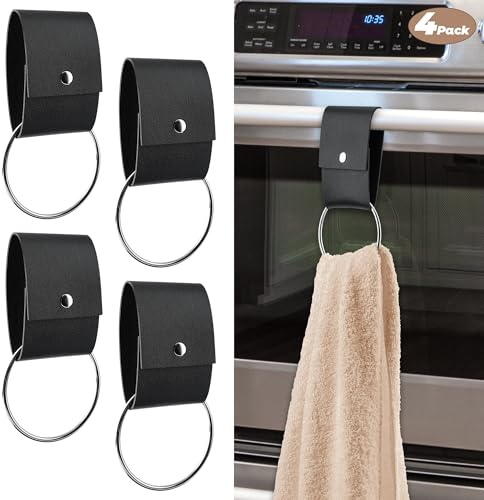 MISAKTEAM 4 PCS Leather & Metal Towel Ring Holder for Kitchen Dish Towels Holder with Loop Oven Door Hanger Gifts for Farmhouse Home Decor(Black)