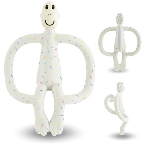 Matchstick Monkey, Original Teether & Gel Applicator, Antimicrobial Silicone Teething Toys for Baby, Easy to Grip, BPA Free, 3 Months Old+, 10.5 cm, Confetti Cream