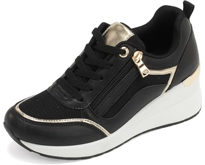 JOMIX Zapatillas Mujer Casuales con Cuña Deportivas con Cremallera Decorativa Zapatos Plataforma WSC250518-1, Negro, 39 EU