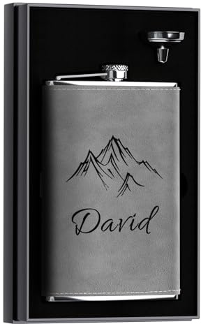 Flachmann mit Gravur Berge, Personalisiertes Edelstahl Flachmann 12oz/355ml für Jagd, Reisen, Wandern, Klettern (Grau)