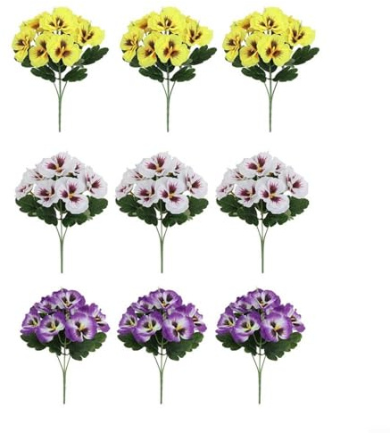 UTTASU Künstliches Stiefmütterchen-Blumen-Set, 9 UV-beständige Stiele in Gelb, Lila, Weiß, lebendige Sommerdekoration für drinnen und draußen, realistische Kunststoffblüten