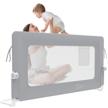 VANCHEMO Bettgitter Bettschutzgitter 150cm Rausfallschutz Bett Rail Klappbar Kinderbettgitter mit Aufbewahrungstaschen, Tragbar Höhenverstellbar Babybettgitter für Kinderbetten, Elternbetten (Grau)