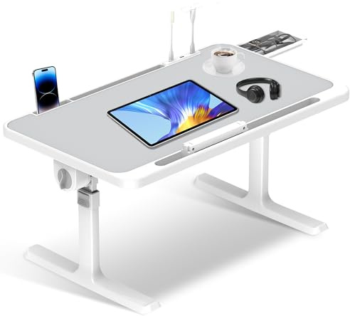 Soontrans Tavolino da Letto 60x40cm, Vassoio da Letto con Cassetto e Supporto per Tablet, Regolabile in Altezza und Angolo, Pieghevole, Tavolo da Letto per Letto, Divano, Pavimento(grigio chiaro)