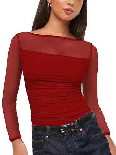 MAYFASEY Dam sheer mesh långärmad skjorta sexig båt hals transparent toppar blus topp party tröja klubbkläder, röd, XL