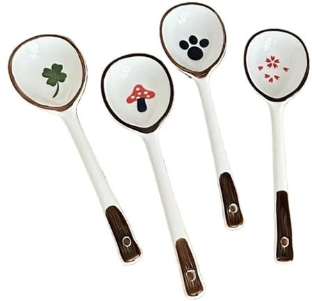 XDAWQP Tablespoons 4 Pcs Soup Spoons Set, Ceramics Round Spoons, Cute Japanese Style Spoons Porcelain Asian Soup Spoon, Dinner Spoons for Soup Bouillon Cereal Milk Tea, 6.7 Inch