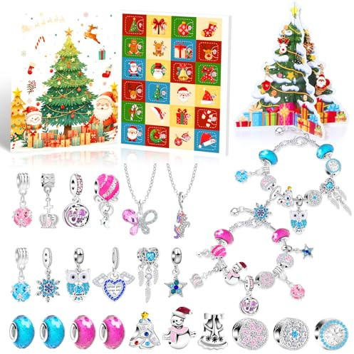 Calendrier de l'Avent 2025 Enfant Fille, 5-13 Ans Calendrier Avent DIY Charms Cadeau, Calendrier de Noël Bracelet Collier Fabrication Bijoux Enfants Fille Ado Cadeaux de Noël
