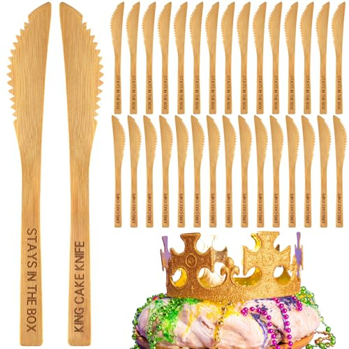 Acellegic 30 Pcs Mardi Gras King Cake Knife 7.5 Inch Reusable Bamboo Knives Printed with King Cake Knife Stays in The Box Lettering for Carnival Birthday Mardi Gras Party Decorations Supplies