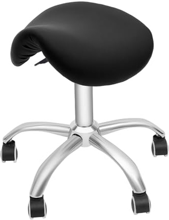 HUOMMGS Sattelhocker mit Rollen Ergonomisch Rollhocker Höhenverstellbar Sattelstuhl Retro Sattel Hocker Friseurstuhl Tattoostuh Kosmetikhocker Multifunktional Sattel Stuhl für Werkstätten (Schwarz)