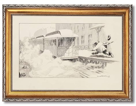 Vintage Framed Man Running for Trolley Wall Art Canvas Print Oil Paintings Reproduction World Classics Poster Painting Pictures Art Print, Retro, Funny Home Decor Living Room. (Retro Framed,12L x16W)