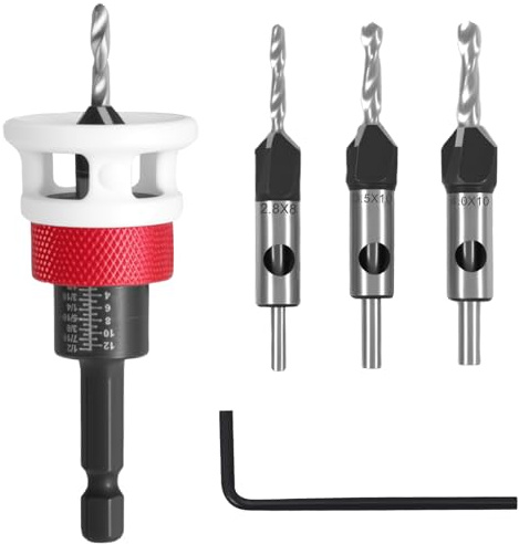 Countersink Drill Bit Set, 6 Pieces, 2.8/3.2/3.5/4.0mm Countersink Wood Drill Bit with Depth Stop, Drills Countersinks with 1/4 Inch Hex Shank,Made of HSS, Precise Drills, for Wood Processing