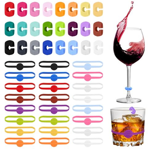 SHENLIU 48 Stück Glasmarkierer, Wiederverwendbare Glasmarkierung Trinkgläser mit 24 Clips und 24 Ringen Glas Markierung Trinkgläser Silikon Glasmarker für Weingläser, Party, Hochzeit