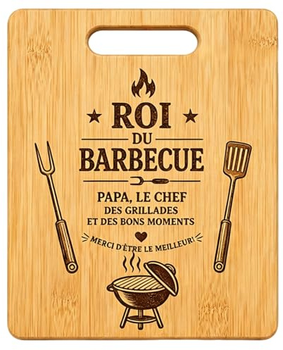 Planche à Découper Bambou – Cadeau Papa, Roi du Barbecue, Idée Originale | Bambou 28x21,5cm. Cadeau anniversaire papa, cadeau noël papa ou cadeau pour papa idéal. Double usage : déco et découpe.