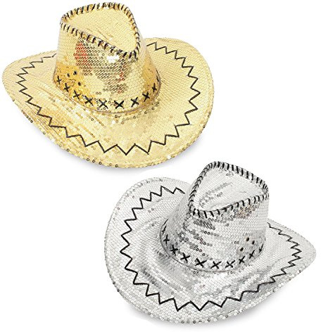 KarnevalsTeufel.de Pailletten Cowboy Cowboyhut Sylvesterhut Glitzerhut Glitzcowboy Neujahr Sylvester Silvesterhut Parthut Gold oder Silber Silvesterparty Happy New Year (Silber)