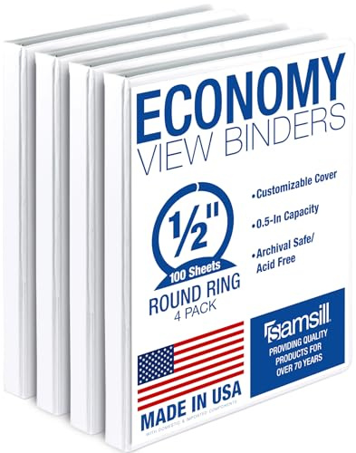 Samsill 0.5 Inch 3 Ring Binder, Economy Round Ring, Clear View Cover, 100 Sheet Capacity - for School, Home, Office - White, 4 Pack