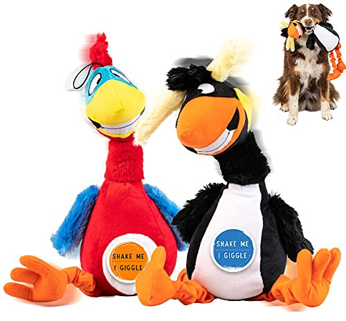 Pet Craft Supply Kichernder Papageientaucher & Papagei, Multipack, interaktives Hundespielzeug mit Sound für große Rassen und kleine Hunde, weiches Kauspielzeug aus Plüsch, Rot/Schwarz