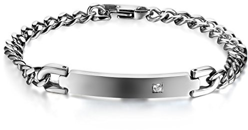 JewelryWe Pulsera personalizada para parejas de acero inoxidable: hombre y mujer, pulsera de la amistad con grabado, San Valentín, regalo de pareja, circonita, brillante, pulida, cadena barbada,
