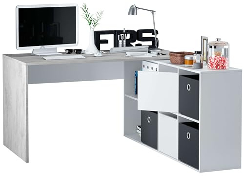 Habitdesign Escritorio Multiposición Reversible, Mesa Estudio, Mesa PC, Modelo Adapta XL, Acabado en Blanco Artik y Gris Cemento, 74 x 136 x 139 cm
