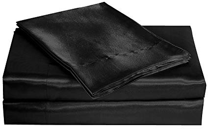 Rajan linen 100% Pure Silk Satin Sheet Set 8pcs, Silk Fitted Sheet 19'' Deep Pocket,Silk Flat Sheet,Silk Duvet Cover & Pillowcases with Silk Comforter Set. (Black, Cal King)