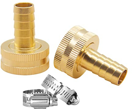 Hooshing 2Pcs Garden Hose Connector 1/2 Barb x 3/4 Female GHT Thread Solid Brass Water Hose Repair Kit Female Hose End Mender with Stainless Clamp Fit for 1/2 Garden Hose