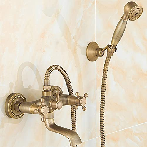 Gx Grifo Bañera con Alcachofa De Mano Dos Asas Latón Mezclador De Bañera Montaje En Pared, Incluye Soporte Y Manguera De 150 Cm, Grifo De Ducha, Antiguo