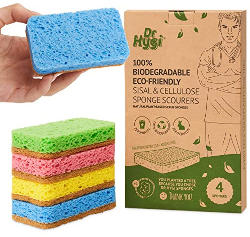 DR HYGI Schrubb schwämme, natürlicher Sisal und Zellulose Spülschwamm, 100% biologisch abbaubar, Kein Verlust Badezimmer, Küchen und Spülschwämme in 4 lustigen Farben (4erPack ÖkoSchwämme im Set)