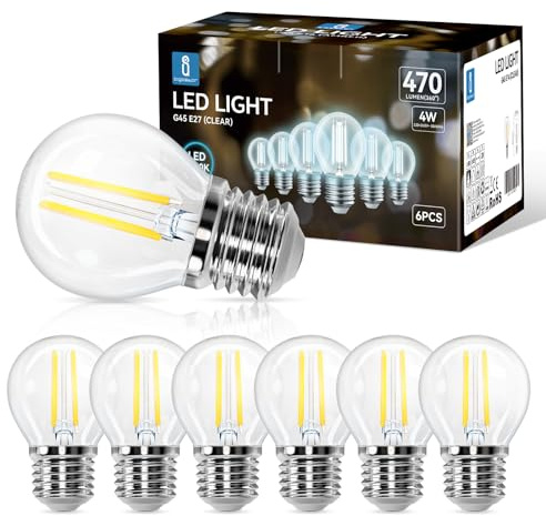 Aigostar LED Glühbirne,E27 LED 4W Vintage Kaltweiss Birne,470 Lumen 6500K,Abstrahlwinkel 360°,Vintage Transparent,Flimmerfrei,Nicht Dimmbar,6er Pack
