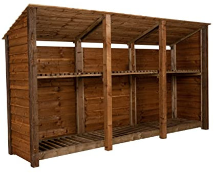 Arbor Garden Solutions wooden log store 6ft, firewood storage (W-335cm, H-180cm, D-88cm), brown finish (With kindling shelf (roof sloping back))