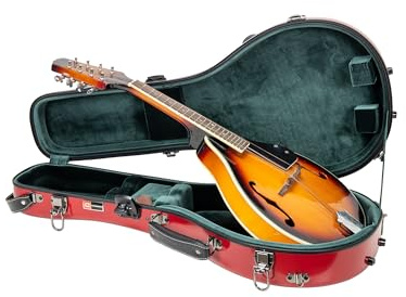 Crossrock Fiberglass Mandolin Case – Contoured for F-Style (Fits Gibson F5) | Red Gloss, Forest Green Velvet, TSA Lock, Accessory Compartment, Backpack Straps – Sleek Pro Travel Case