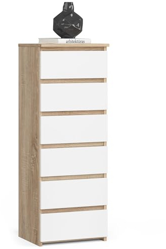 AKORD | Cassettiera a 6 Cassetti | Credenza Alta | Moderna Mobiletto per Soggiorno Sala da Pranzo Camera da Letto Corridoio Bagno | Armadio Cameretta | 35x40x109 cm | Rovere Sonoma | Bianco