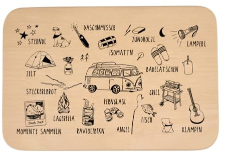 WOIDKINDⓒ Brotzeitbrett mit bayerischen Camping Motiven, Abenteuer, Outdoor, Buchenholz, Einbrand, Icons, Frühstück, Geschenk, Camper, Geburtstag, Dialekt
