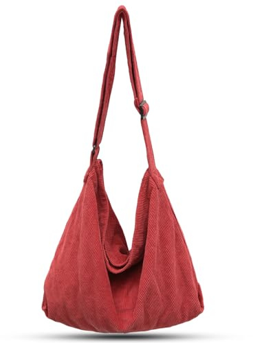 ONCCI Umhängetasche Damen Handtasche, Cord Taschen Groß Shopper Tote Bag Schultertasche Casual Crossbody Bag für Schule Uni Büro Arbeit Reisen Ausflug Einkauf (Rot)